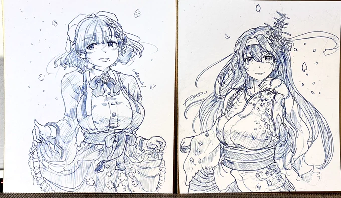 冬コミで頒布予定の色紙
とりあえず朝日さんと扶桑さんの2枚出来ました。
この手のって一枚いくらなんだろう? 