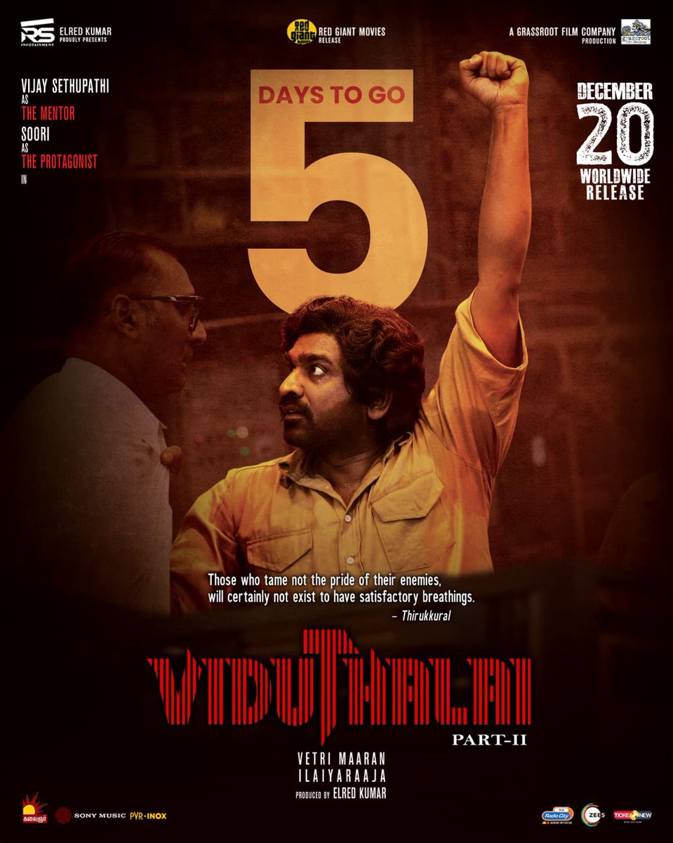 𝗚𝗲𝘁 𝗿𝗲𝗮𝗱𝘆 𝘁𝗼 𝗲𝘅𝗽𝗲𝗿𝗶𝗲𝗻𝗰𝗲 𝘁𝗵𝗲 𝗽𝗼𝘄𝗲𝗿 𝗼𝗳 𝗷𝘂𝘀𝘁𝗶𝗰𝗲 𝗮𝗻𝗱 𝗿𝗲𝗯𝗲𝗹𝗹𝗶𝗼𝗻 in #ViduthalaiPart2 5 days to go !! 

Film by #VetriMaaran 💥

An <a href="/ilaiyaraaja/">Ilaiyaraaja</a> Musical 🎵 

#ViduthalaiPart2FromDec20
 
#Makkalselvan <a href="/VijaySethuOffl/">VijaySethupathi</a> <a href="/sooriofficial/">Actor Soori</a>