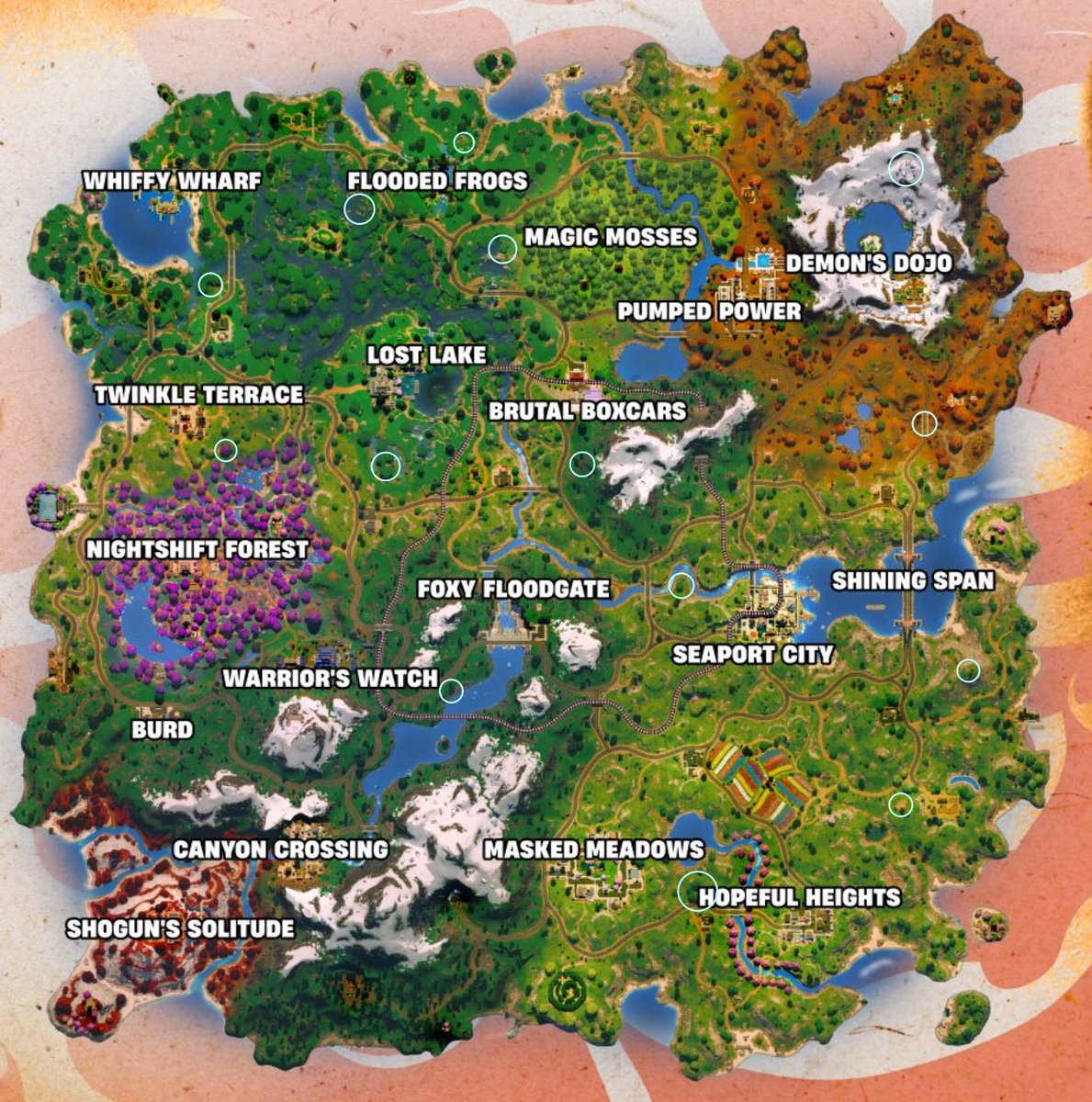 nyxitti's tweet photo. @BlugloSTW the locations are random, and i think 2 spawn per game. here’s a map i made of the locations i know so far, still looking for more too. but hope this helps anyone!! there’s a lil lantern at each location 🤍 https://t.co/u1gHuUyDRo