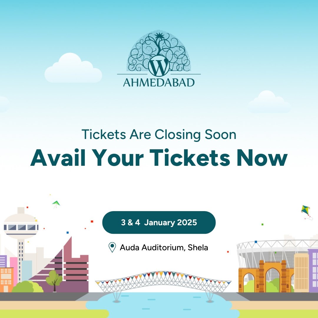 ⏳ Last chance to grab your tickets! 🎟️ WordCamp Ahmedabad 5.0 is almost here, and tickets are closing soon. 

Don’t miss out - secure yours now and be part of the action! 🚀

🔗ahmedabad.wordcamp.org/2025/tickets/

#WCAhmedabad #WordCamp #WordPress
