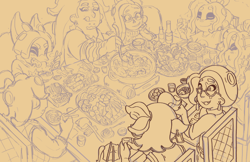 「wip :] theyre eating hotpot 」|🐙🦑👁️one-eyed Guy enjoyer👁️ comms openのイラスト