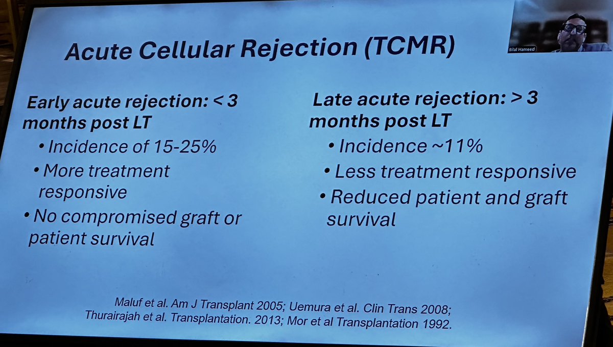 SyedGerdezi's tweet photo. Stellar 💫 talk as usual on #TCMR in LT by @BilalUCSF
🧨Risk: young recipients, CIT >15hrs, donor age ≥30, AI LD.
⏰ Early-(<3m): 15-25%, treatable.
⏰ Late (>3m): 11%, worse survival (10yr: 74% vs. 85%).
🔑: Biopsy - ductulitis, portal inflammation, endotheliitis
#PSSLD24 https://t.co/gC73n5sUvs