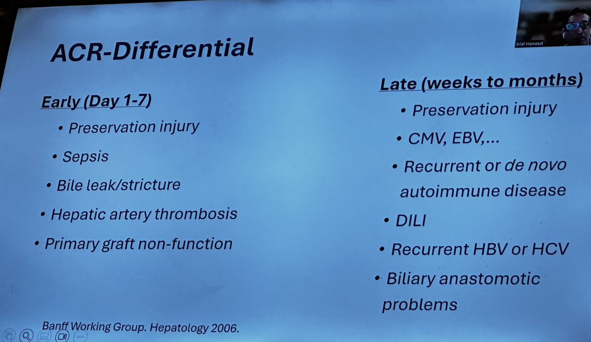 SyedGerdezi's tweet photo. Stellar 💫 talk as usual on #TCMR in LT by @BilalUCSF
🧨Risk: young recipients, CIT >15hrs, donor age ≥30, AI LD.
⏰ Early-(<3m): 15-25%, treatable.
⏰ Late (>3m): 11%, worse survival (10yr: 74% vs. 85%).
🔑: Biopsy - ductulitis, portal inflammation, endotheliitis
#PSSLD24 https://t.co/gC73n5sUvs