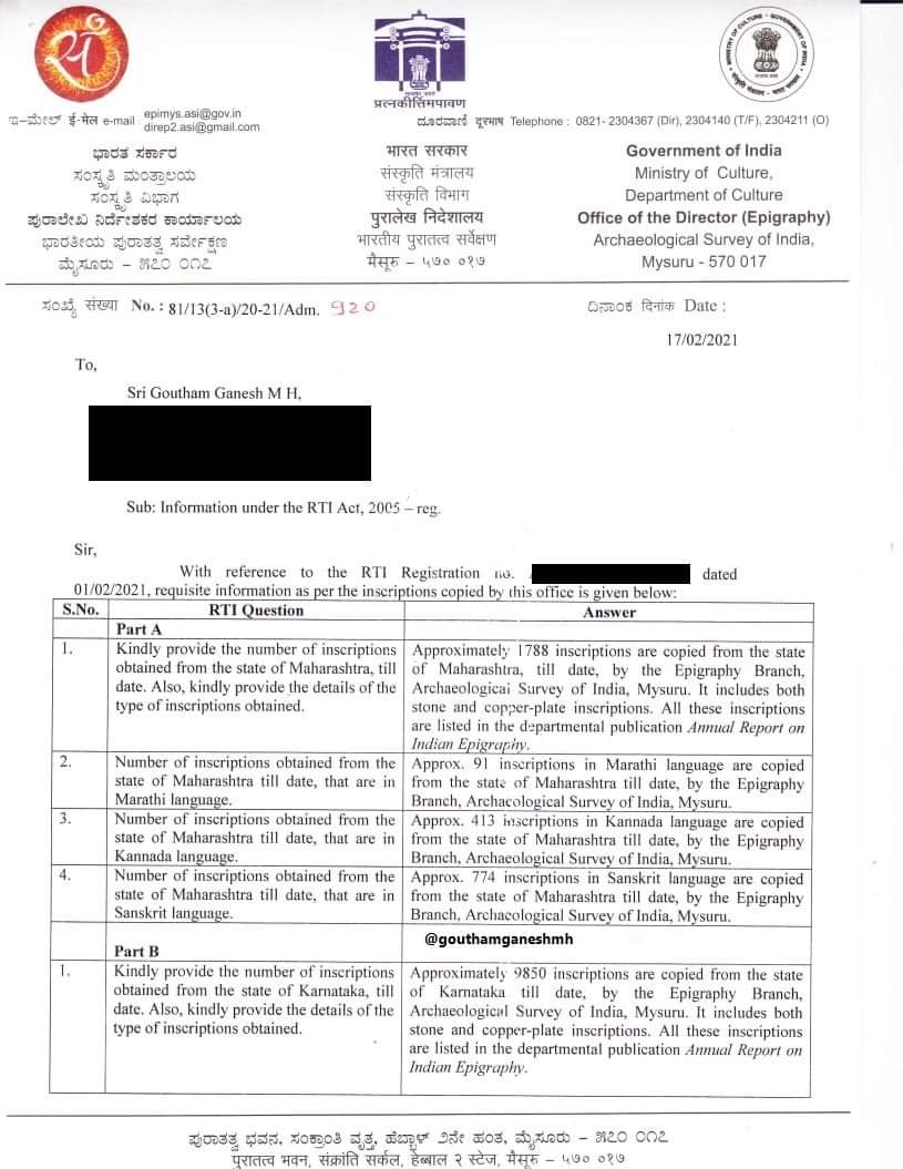 NammaKalyana's tweet photo. An RTI reveals the language wise total no. of inscriptions found in Maharashtra &amp; Karnataka as follows

In #Maharashtra (Total 1788):
1. Sanskrit: 774
2. #Kannada: 413
3. Marathi: 91
Others: 510

In Karnataka (Total 9850):
1. Kannada: 7724
2. Sanskrit: 492
3. Tamil: 733
#ಕನ್ನಡ https://t.co/k0Eo8XWIX5