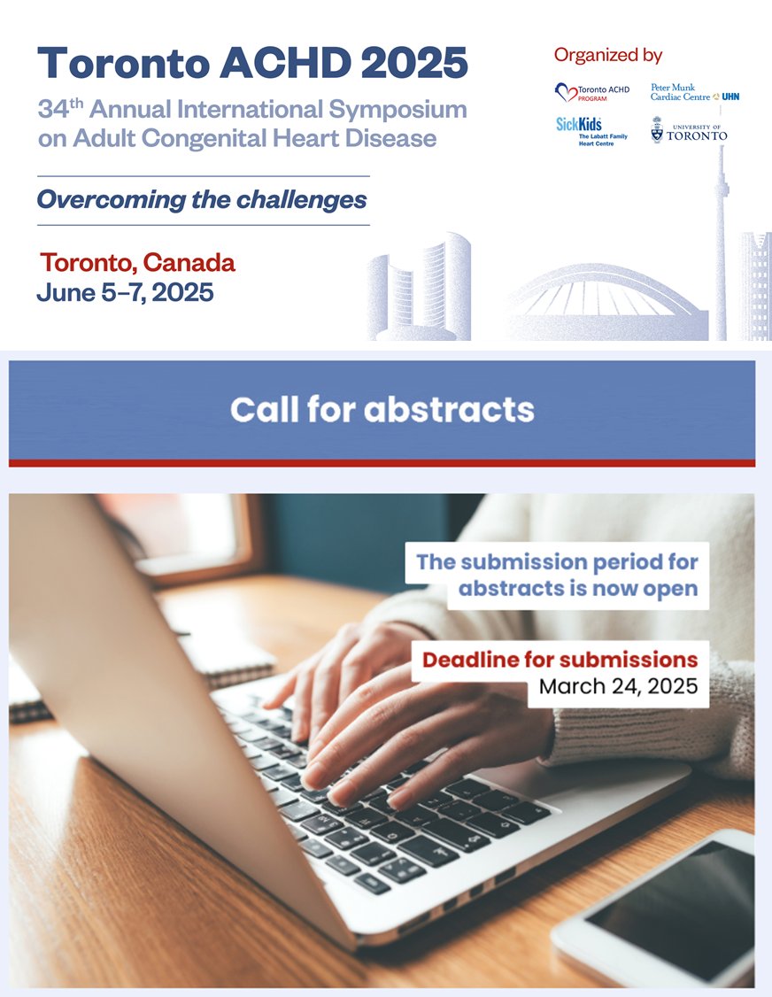 Rafa Alonso (@ralogon) on Twitter photo 34th International Symposium on ACHD is held in Toronto next year
Registry NOW at torontoachd2025.com and take advantage of a lower registration fee
The abstract submission is already open -Send your abstract before the deadline (March 24, 2025) <a href="/TorontoACHD/">Toronto ACHD Program</a> 34th International Symposium on ACHD is held in Toronto next year
Registry NOW at torontoachd2025.com and take advantage of a lower registration fee
The abstract submission is already open -Send your abstract before the deadline (March 24, 2025) <a href="/TorontoACHD/">Toronto ACHD Program</a>
