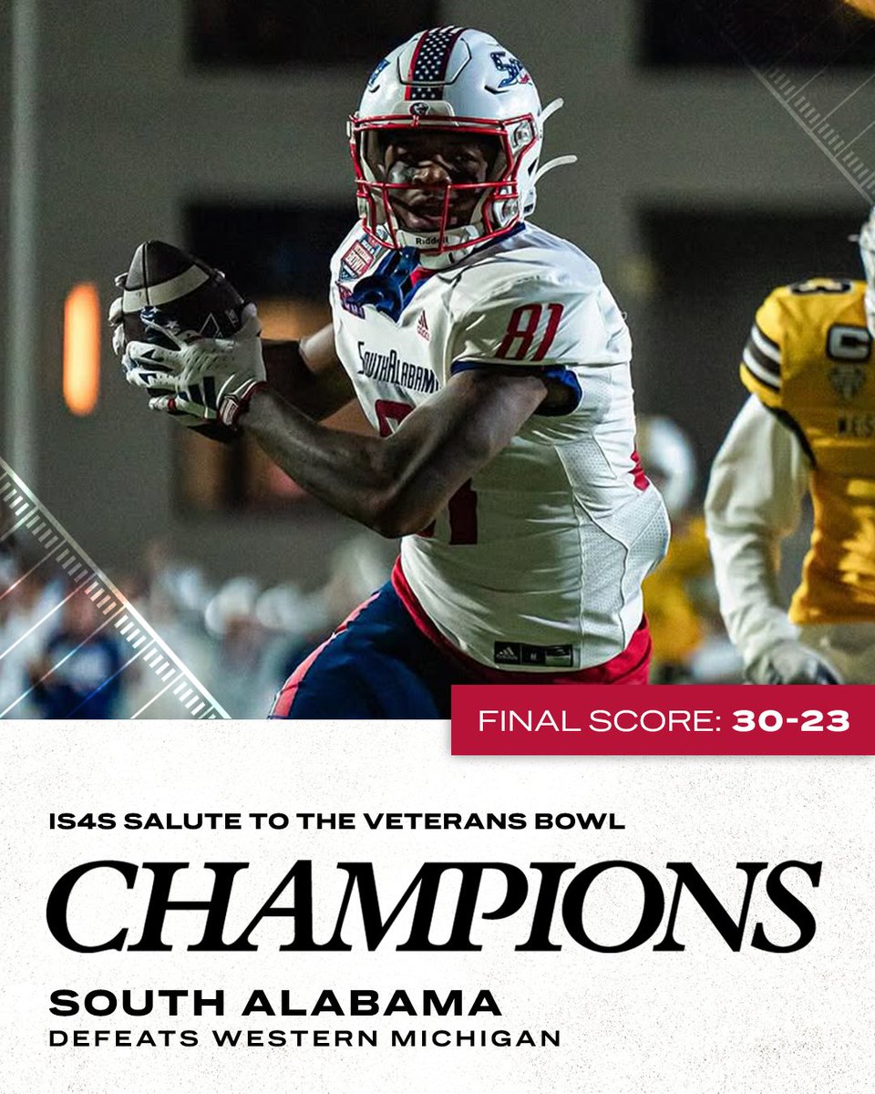 ESPN College Football (@espncfb) on Twitter photo SOUTH ALABAMA WINS THE IS4S SALUTE TO VETERANS BOWL 🫡
(📸: <a href="/SouthAlabamaFB/">South Alabama Football 🏈</a>) SOUTH ALABAMA WINS THE IS4S SALUTE TO VETERANS BOWL 🫡
(📸: <a href="/SouthAlabamaFB/">South Alabama Football 🏈</a>)