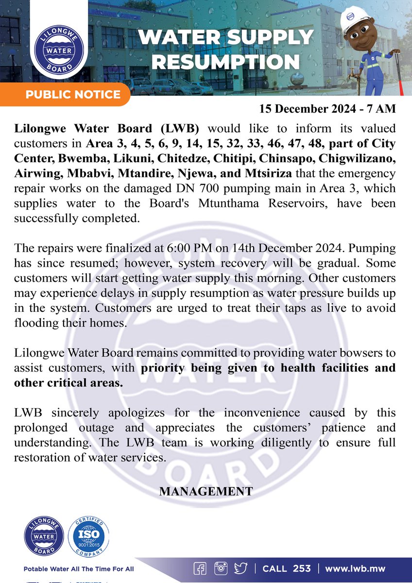 llwaterboard's tweet photo. Madzi Notice: Water Supply Resumption
#Call253 https://t.co/r81iGgEMGP