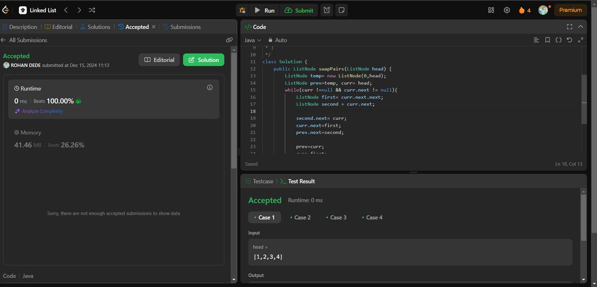 Rohandede18's tweet image. &quot;Day 7️⃣ of my #30DayCodingChallenge! 🚀 Solved Swap Nodes in Pairs (24th Linked List problem) on LeetCode. 📚💻 Leveling up my DSA skills one step at a time! 💡💪

#LeetCode #DataStructures #CodingLife #100DaysOfCode #TechTwitter #LinkedList #CodeNewbie #ProblemSolving&quot;