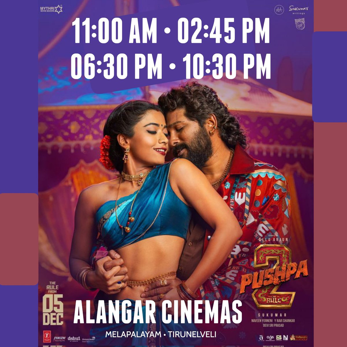 AlangarCinemas's tweet photo. Running Successfully @alangarcinemas π₯
#pushpa
#pushpa2
#therule
#iconstar
#alluarjun
#fahadfazil
#rasmikamandanna
#devisriprasad
#sukumar
#alangarcinemas
#nellainayagan https://t.co/fpiqylVuBa