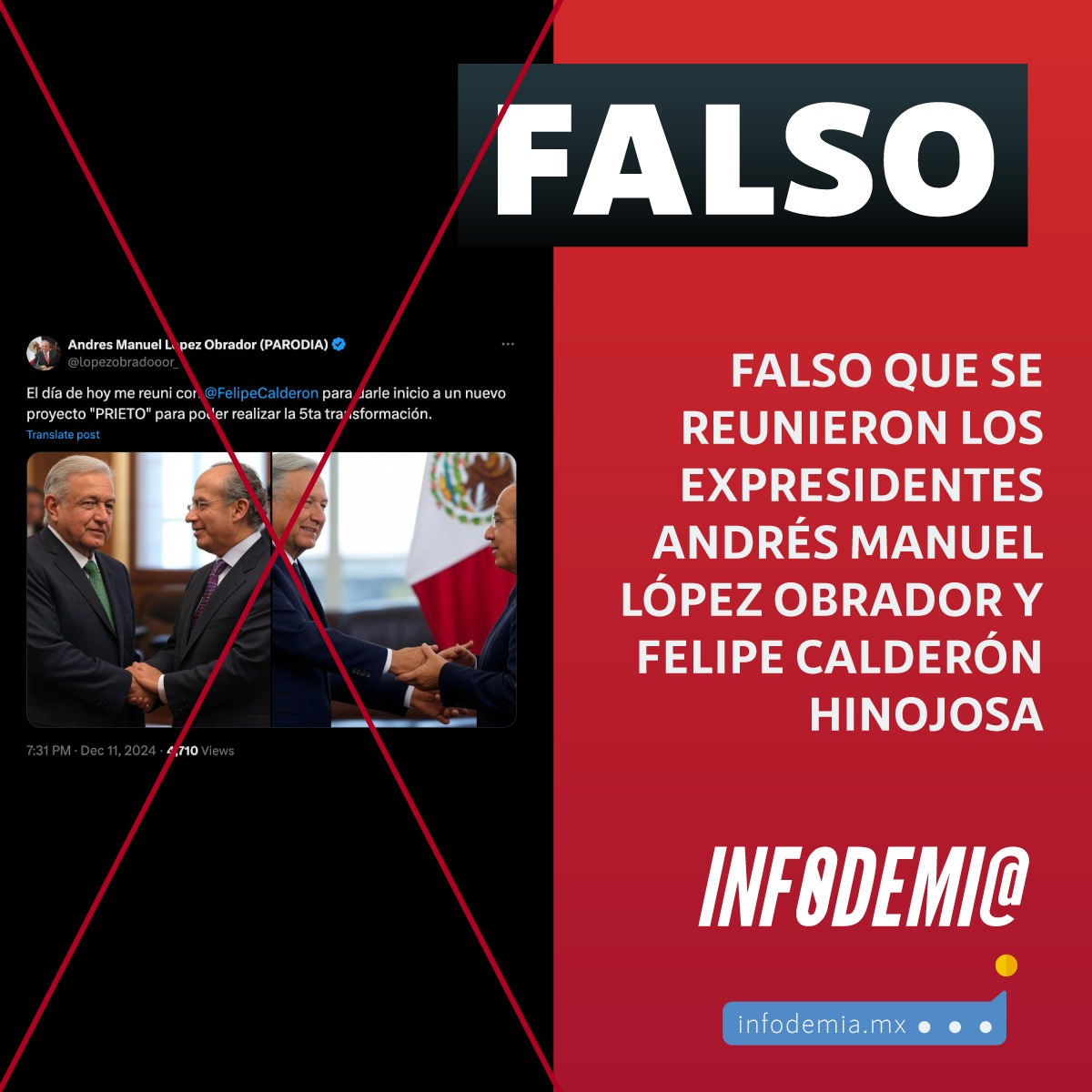 infodemiaMex's tweet photo. ❌Falso que se reunieron los expresidentes Andrés Manuel López Obrador y Felipe Calderón Hinojosa 

✅Las fotografías fueron publicadas en una cuenta apócrifa, que suplanta la identidad del expresidente @lopezobrador_. Además, la herramienta #HiveModeration determinó que el 99% de las imágenes es artificial

➡️https://t.co/88cu3uHXzR
