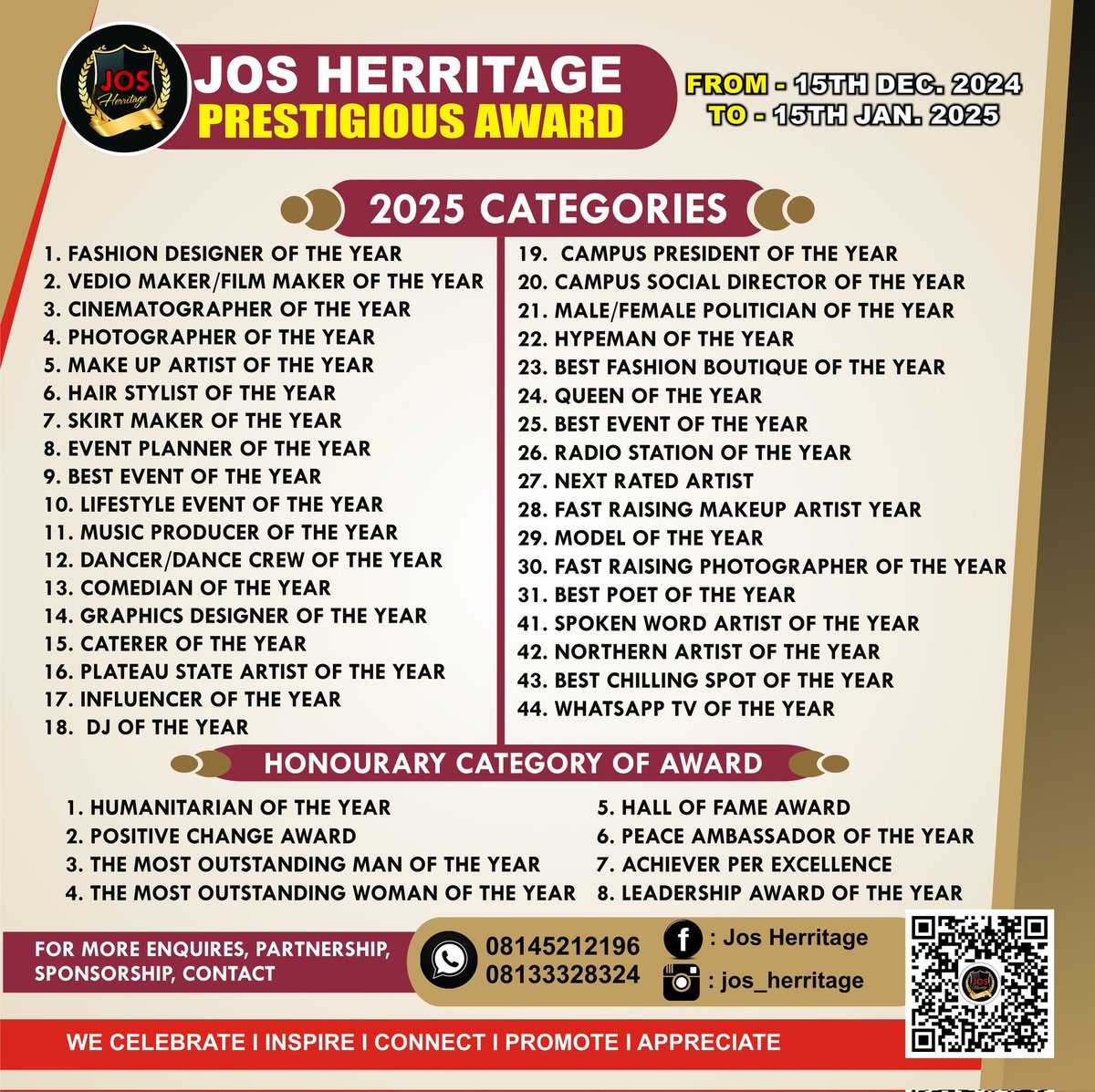 jheritageenter's tweet photo. Call for Nomination For
Jos Heritage Award 2025
Check the available categories
Check flier for full details
#jos #josheritage #plateau #award https://t.co/x2TV724lgL