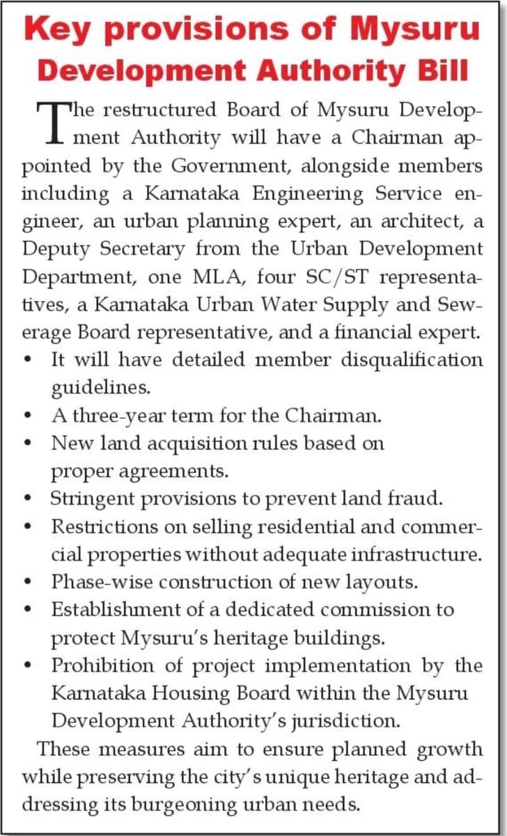 Mysuru Updates (@s1chandan) on Twitter photo Key Provisions of MDA Bill..
It will be tabled in the Next Session if it is passed then MUDA will be Renamed as MDA ( Mysore Development Authority) in the lines of BDA..
Don't be Optimistic Since BDA is one of the Main Corrupt Institutions in Bangalore.
<a href="/CivicMysuru/">Mysuru Civic and Development Issues</a> <a href="/MYSURU_PAGE/">MYSURU PAGE</a> Key Provisions of MDA Bill..
It will be tabled in the Next Session if it is passed then MUDA will be Renamed as MDA ( Mysore Development Authority) in the lines of BDA..
Don't be Optimistic Since BDA is one of the Main Corrupt Institutions in Bangalore.
<a href="/CivicMysuru/">Mysuru Civic and Development Issues</a> <a href="/MYSURU_PAGE/">MYSURU PAGE</a>