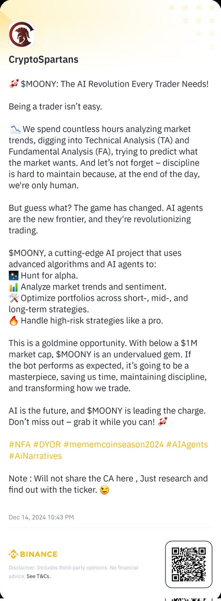 Very Well Written about $Moony

$Moony is now on Everywhere. 

Mentioned on BinanceFeed 

Alpha Bot is coming.
Holders 700+
Dev locked 10% supply for 6months

Whats left for the AIAgent Project?

Only moon Mission.

#AIAgent #AI #Binancefeed #Sol #MemeArmy #memecoin #100xgem