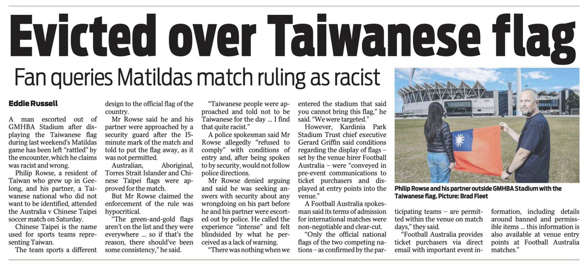 Report from the Geelong Advertiser on a couple removed from the recent Australia-Taiwan women's soccer match at Kardinia Park for displaying a Taiwan flag.