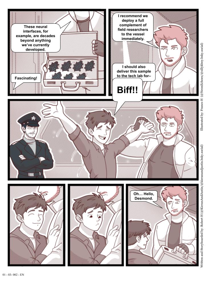 KieranAndJustin's tweet photo. CODEX's train of thought right now: "Don't be suspicious... Don't be suspicious..." #AdventuresOfBiffBravo Chapter 03 - Page 002. Illustrated by the amazing @Th3G0dkill3r! https://t.co/YyUl6cFRoe