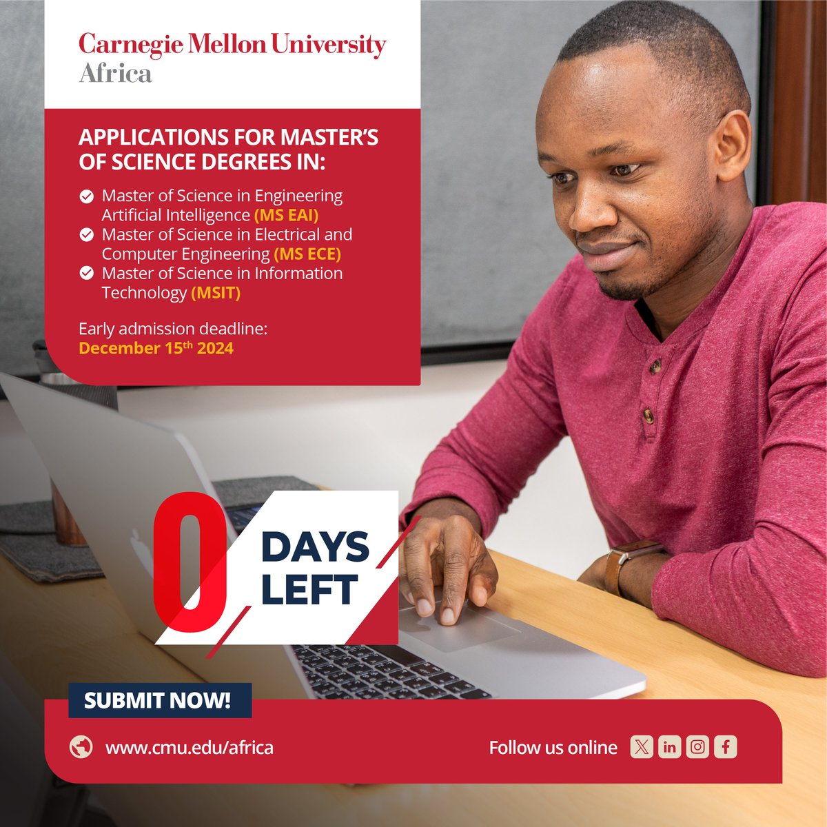 cmu_africa's tweet photo. THE DEADLINE IS HERE!

Time is up! Today is the early admission deadline. Don’t miss your chance to join a world-class program designed for Africa’s next generation of tech innovators.

Bonus: All applications submitted today will include a Duolingo waiver!

Submit now: https://t.co/n6ZCkvYFHW

For questions, email applyafrica@andrew.cmu.edu or text +250 791 446 398.

#FutureTechLeaders
#GraduateSchool
#ApplyToCMUAfrica
