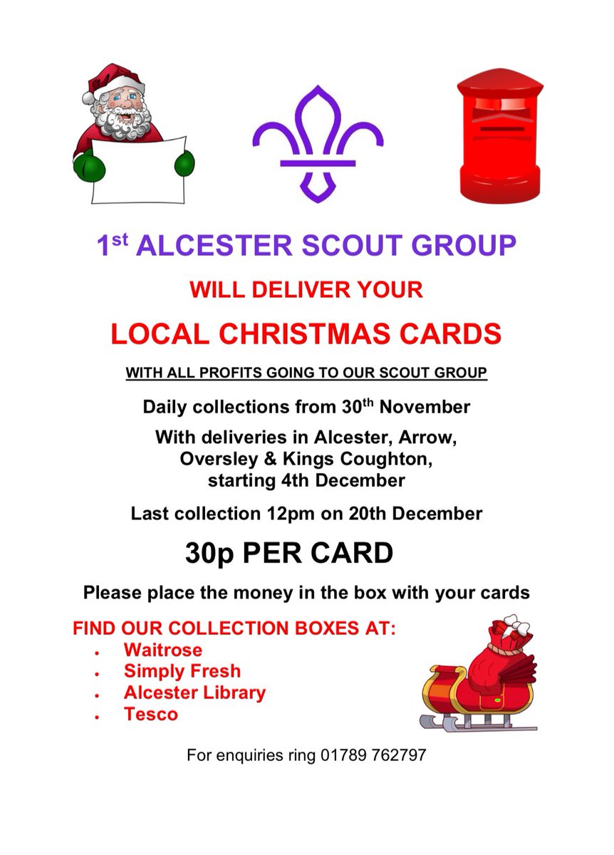 AlcesterScouts's tweet image. Drop your Christmas Card into one of our four post boxes and we will deliver your Christmas wishes! 
🎄Alcester Library
⛄️Waitrose
🎅🏻Tesco Express
❄️Simply Fresh 
30p per card and all procedures go to supporting our Scout Group! 
#AlcesterScouts #ChristmasPost #Scouts