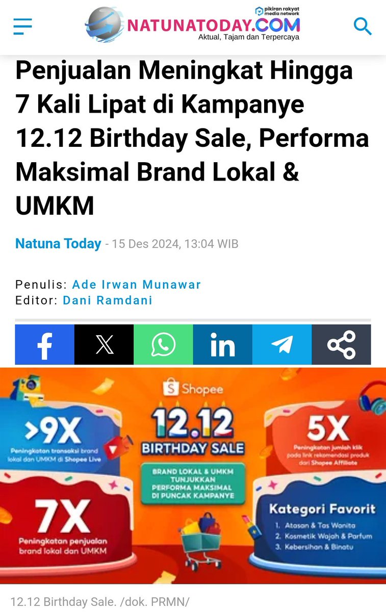 pusatberitacoid's tweet photo. Penjualan Meningkat Hingga 7 Kali Lipat di Kampanye 12.12 Birthday Sale, Performa Maksimal Brand Lokal &amp; UMKM

Baca Selengkapnya:
https://t.co/SVp0rFtb82 https://t.co/KMJQ4BrHVV