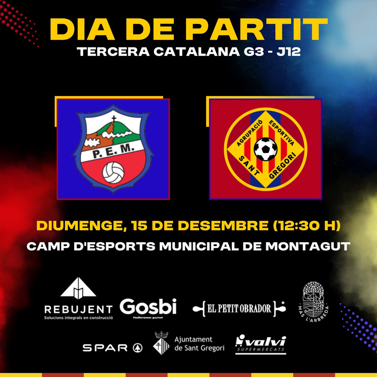🚘 Partit a domicili

⚽️ <a href="/PEMontagut/">PEMontagut #SomTossuts</a> 🆚 <a href="/ae_stgregori/">AE Sant Gregori</a> 
📍 Camp d’Esports de Montagut
⏰ 12:30 hores

🔵🔴 #AnemhiSantGregori #ValldeLlémena