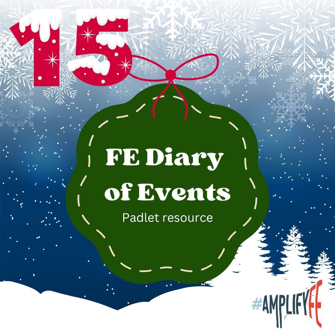 AmplifyFE's tweet photo. On Day15 of #25DaysofAmplifyFE we feature our #FE Diary of Events Padlet, your one-stop shop to check out all the brilliant events happening for #FE practitioners. We'd love you to add your own so we can shout about those to the #AmplifyFE #Community, too! https://t.co/RiyTVQHBUs https://t.co/FJOy61NuBz