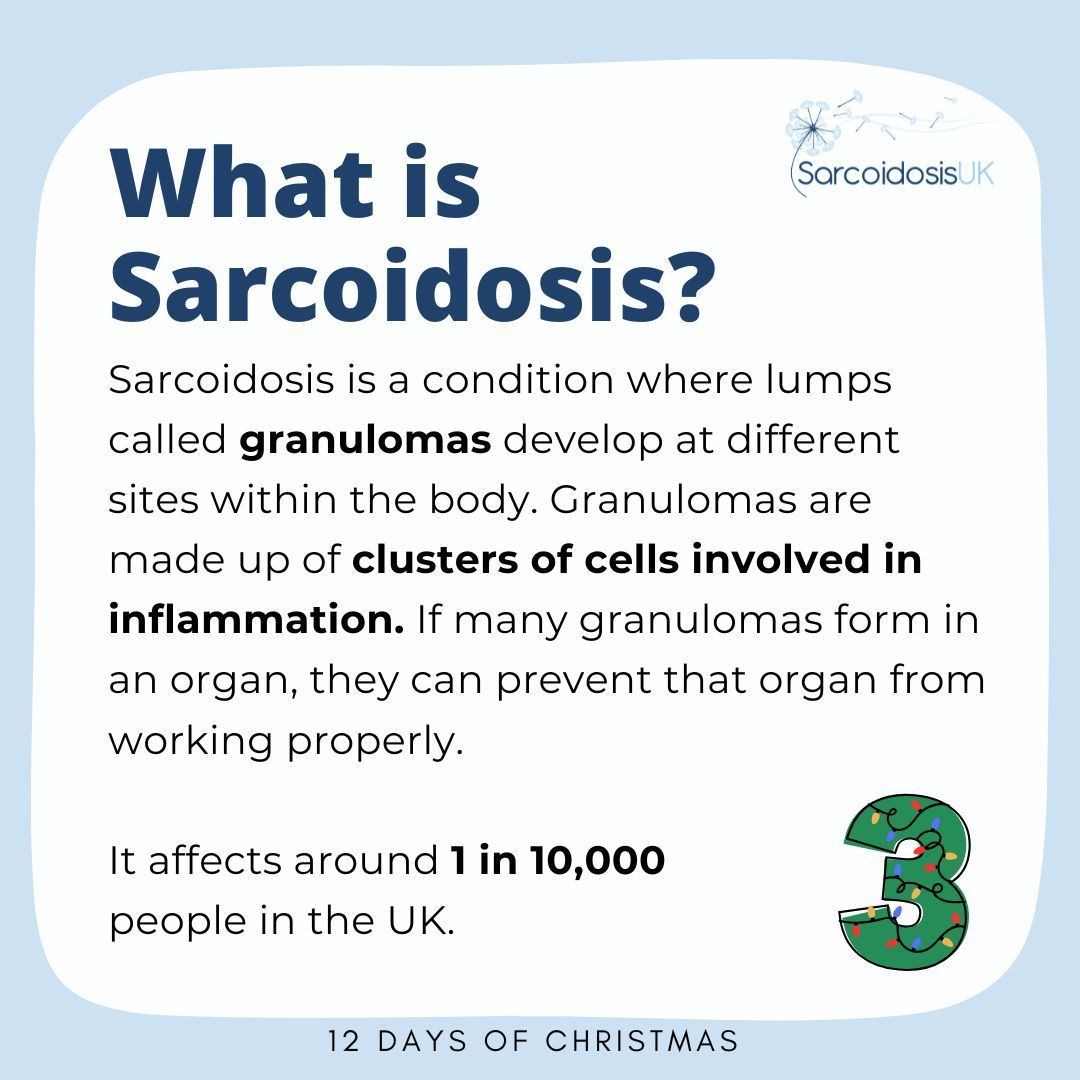 SarcoidosisUK's tweet photo. It's Day 3! 🎄

We're asking you to help spread awareness of sarcoidosis by sharing this post. We believe that increasing awareness is crucial for better understanding and support for those affected by sarcoidosis. 

Thank you for helping us spread the word this festive season ✨ https://t.co/duNd1QcDbu