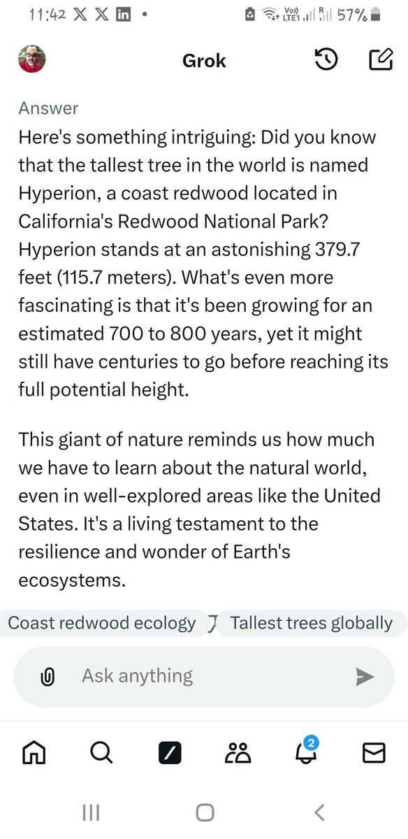 WonderVinod's tweet photo. I asked Grok to tell me something interesting.
I got this answer..interesting!!
👍✌🤩
#trees
#TallestTree
#GrokAI https://t.co/5ODeCyLlnW