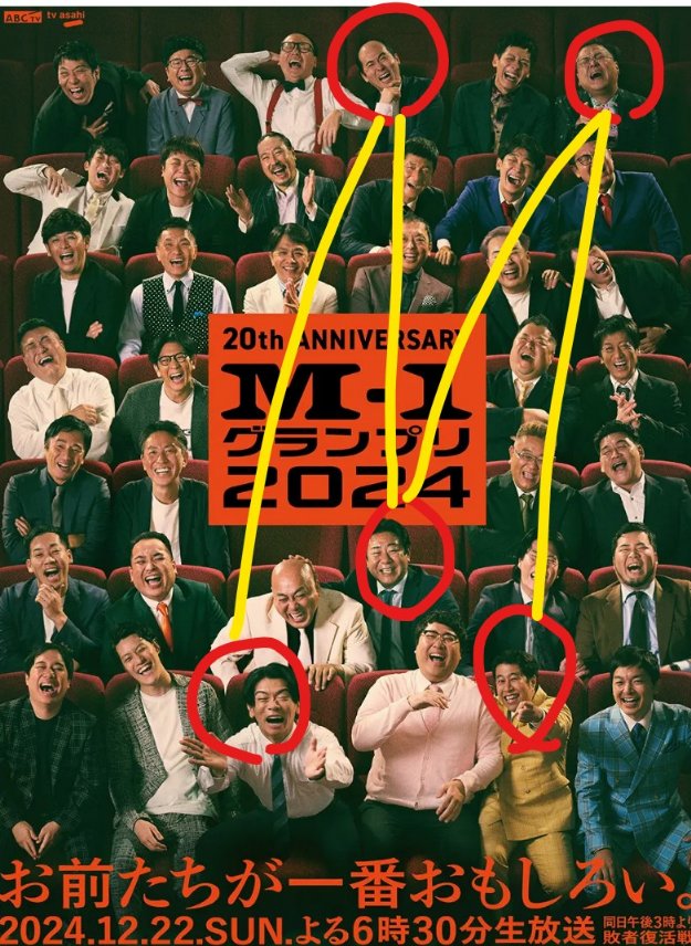 anonymous0721's tweet photo. M-1ポスターの敗者復活戦の芸人審査員を繋ぐとM-1のMになってる！すごい！ https://t.co/8fY7OJUrtE