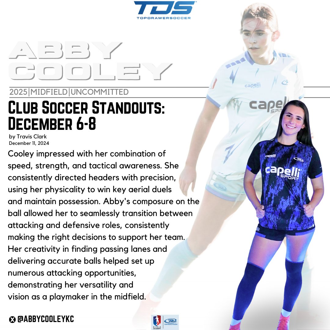 Abby Cooley (@abbycooleykc) on Twitter photo Thank you <a href="/travismclark/">Travis Clark</a> for the write up! I'm working hard and love the recognition.
📽️youtube.com/@AbbyCooleyKC
<a href="/ImYouthSoccer/">ECNL/GA/Recruiting/College Soccer</a> <a href="/ImCollegeSoccer/">College Soccer Truth ™</a> <a href="/imwomenssoccer/">Scout Her Soccer</a> <a href="/KSRGirlsAcademy/">Kansas Rush Girls Academy</a> <a href="/KS_RushSoccer/">Kansas Rush Soccer Club</a> <a href="/RushSoccer/">Rush Soccer</a> <a href="/ksrushga0607/">Kansas Rush GA 06/07</a> <a href="/GAcademyLeague/">Girls Academy</a> <a href="/TopDrawerSoccer/">TopDrawerSoccer</a> Thank you <a href="/travismclark/">Travis Clark</a> for the write up! I'm working hard and love the recognition.
📽️youtube.com/@AbbyCooleyKC
<a href="/ImYouthSoccer/">ECNL/GA/Recruiting/College Soccer</a> <a href="/ImCollegeSoccer/">College Soccer Truth ™</a> <a href="/imwomenssoccer/">Scout Her Soccer</a> <a href="/KSRGirlsAcademy/">Kansas Rush Girls Academy</a> <a href="/KS_RushSoccer/">Kansas Rush Soccer Club</a> <a href="/RushSoccer/">Rush Soccer</a> <a href="/ksrushga0607/">Kansas Rush GA 06/07</a> <a href="/GAcademyLeague/">Girls Academy</a> <a href="/TopDrawerSoccer/">TopDrawerSoccer</a>