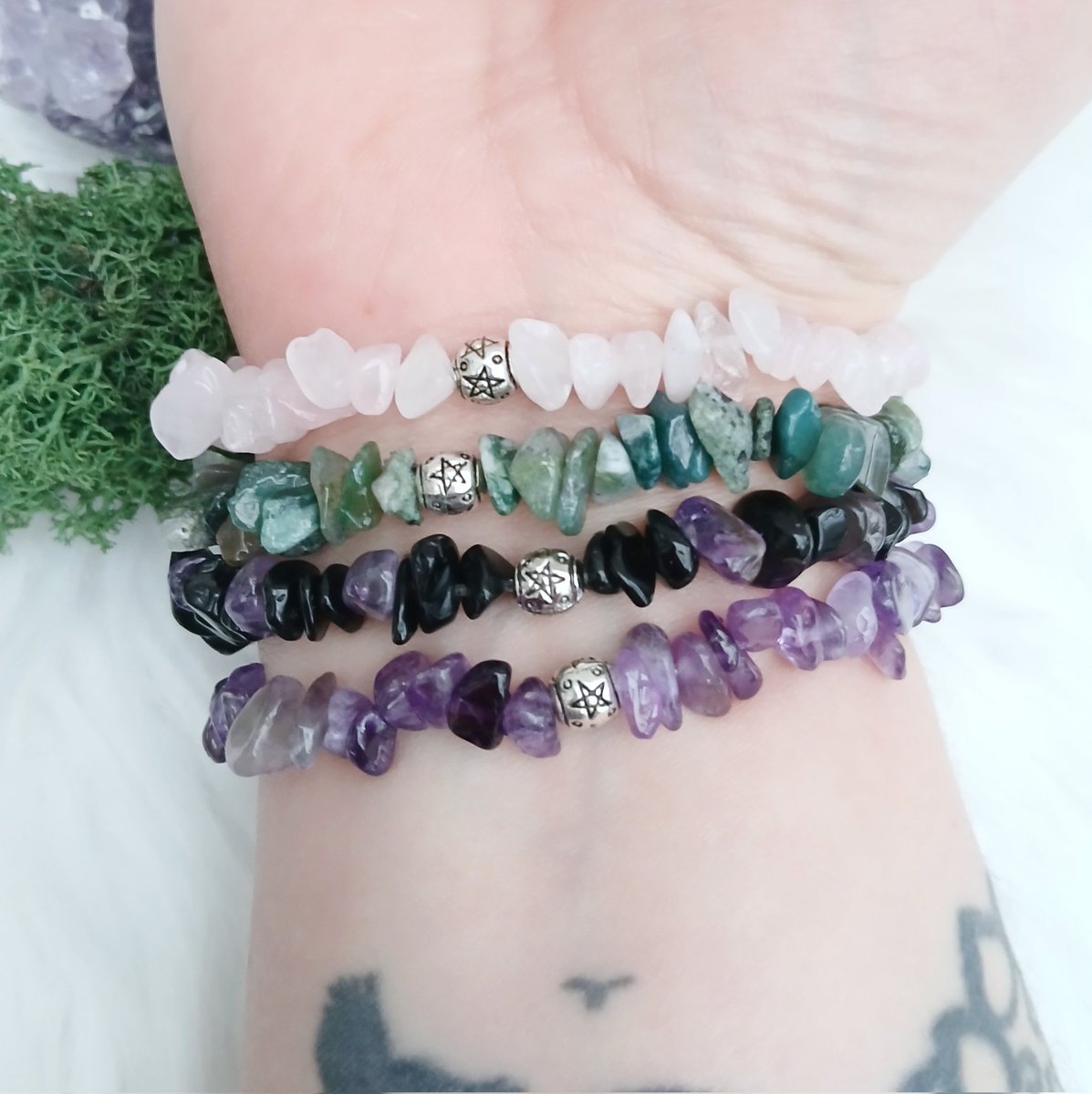 Pentacle gemstone bracelets
Choose from Rose Quartz, Moss Agate, Amethyst and Obsidian or Amethyst or get all Four on a special discounted bundle
thewildwoodlandwitch.etsy.com 
#MHHSBD #EarlyBiz  #UKGiftHour #UKGiftAm  #SundayFringe  #UKCraftersHour #WelshCraftHour #craftmakersuk