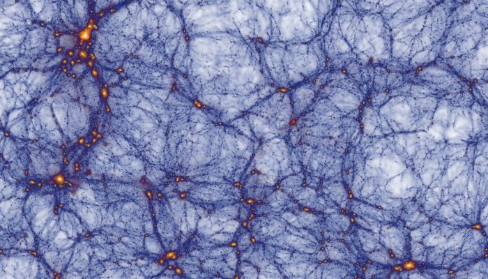 PhysInHistory's tweet photo. The large-scale structure of the universe looks like a gigantic web, known as the "cosmic web." It consists of long filaments of galaxies and clusters around vast, nearly empty voids. These structures are a result of fluctuations in the density of matter in the early universe, magnified by the expansion of the universe.