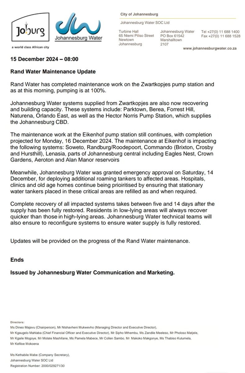 JHBWater's tweet photo. #JoburgUpdate
#RandWaterMaintenance https://t.co/NhJ8ZnjSnt