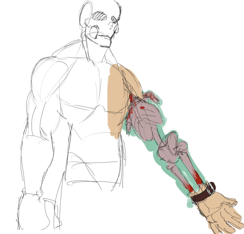 r0ver0's tweet image. had this idea of a monster who uses someone's skeleton as a replacement for one of it's arms, maybe it's held together by magic or something, this is now copyrighted as "monster with a skeleton arm™️"