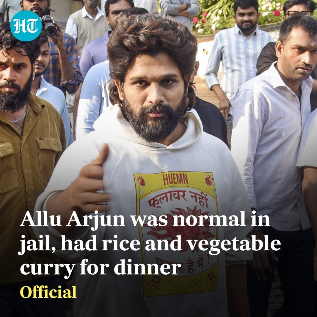 htTweets's tweet photo. #AlluArjun, who spent a night in jail despite being granted a four-week interim bail on the day of his arrest in the #Pusha2 stampede case, spent the night “normally” and took rice and vegetable curry for dinner.
Read more: https://t.co/TqqcqWAr9f https://t.co/A1n5n4i6t4
