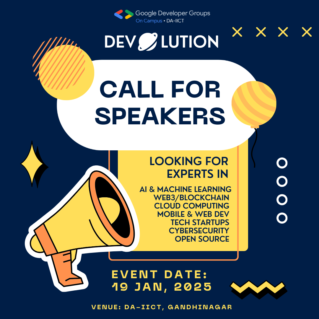 gdgdaiict's tweet photo. Proposals for Call for Speakers is OPEN for Dev-o-lution 2025! 🚀

Join us on 19th Jan at DA-IICT, Gandhinagar, to inspire and innovate.

📖 Speaker Manual: [https://t.co/IwPLZM6RcN]

#GDGDAIICT #Dev_o_lution #TechTalks #Innovation #CallForSpeakers https://t.co/SzxlkrcXtH