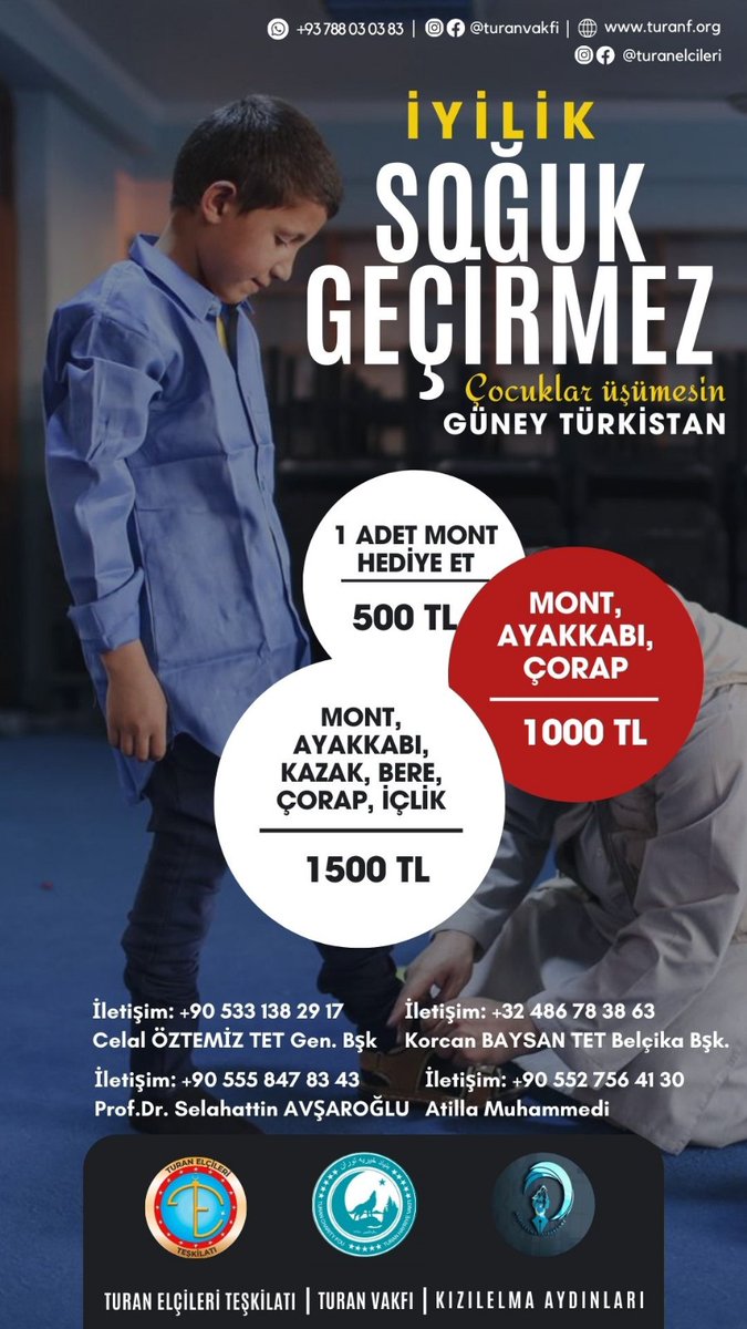 İyi pazarlar dostlar. "İyilik soğuk geçirmez" adını verdiğimiz projenin son haftasına girdik. 20 Aralık günü sonlandırıyoruz. Güney Türkistanlı yetim ve öksüzlerimize, katkı vermek  isteyenler afişte bulunan telefon numaralarından birine ulaşıp iban alabilirler. Rabbim razı olsun
