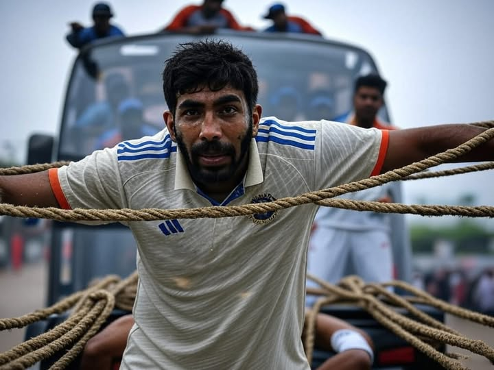 AddictorCricket's tweet photo. Bumrah doing all the heavy lifting while Rohit Sharma barks orders from the top! 💪🚍
#AIGenrated https://t.co/vvZAUUhvsR