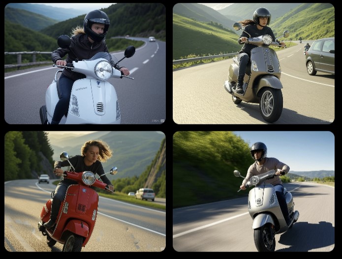 randydreammaker's tweet photo. GROK 2 Old and New Compared using same "Image Prompt Instructions" below. LEFT is #Grok2New using Aurora and TOP RIGHT is #DeepAI. BOTTOM RIGHT is based on #Grok2Beta version using Flux via a third party. #Grok2Sucks so much it just gave poor quality scooter photos, @DeepAi followed prompt, Third using FLUX similar to the older Grok 2 Beta gave a beautiful magazine layout. See Prompt --
MY PROMPT: " A vibrant, full-page spread of a book titled "Freedom on Two Wheels: The Piaggio Scooter Chronicles." The cover is designed to evoke the rush of the open road, with the illustration of a sleek, red Piaggio motor scooter racing through the foreground. The rider's hair and scarf flutter wildly in the wind, which is depicted in dynamic blue and white brushstrokes that mimic the force and exhilaration of the riding experience. In the background, a winding mountain road stretches into the horizon, with a sharp curve hinting at the thrill of leaning into turns. Above, the sky transitions from a bright sunlit blue to a more intense and dramatic gradient as it meets the distant mountains, symbolizing the boundless potential of adventure. On the opposite page, a series of snapshots showcase the camaraderie of scooter riders, with one hand raised in a universal wave of recognition to a fellow rider passing by. The images are overlaid with inspirational quotes about the joy of the ride. However, the bottom corner of the page is shadowed with a stark reminder of the inherent risks, depicting a car abruptly turning into the scooter's path at an intersection, a split second from potential disaster. The contrast of the carefree joy and the sudden jolt of fear is palpable, encapsulating the dual nature of the scooter lifestyle. The book's spine is visible, suggesting the depth of stories and emotions contained within, ready to be explored by the reader eager to experience the liberation and adrenaline that comes with riding a Piaggio Motor