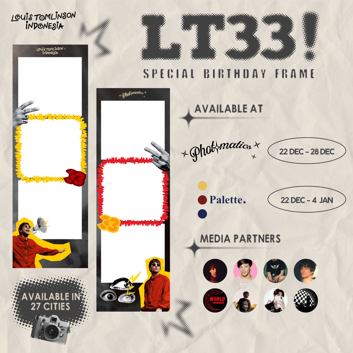 louist_id's tweet photo. Join us to celebrate Louis’s 33rd birthday at @photomaticsid and @palette._.id for a special photo frame! 📸🎞️
Available 27 cities nationwide 🇮🇩
Capture your best photo, whether solo or with your fellow Louies, and share it on social media with #Louis33.
See you there! 🎈🎂 https://t.co/gnpxaRdWqY