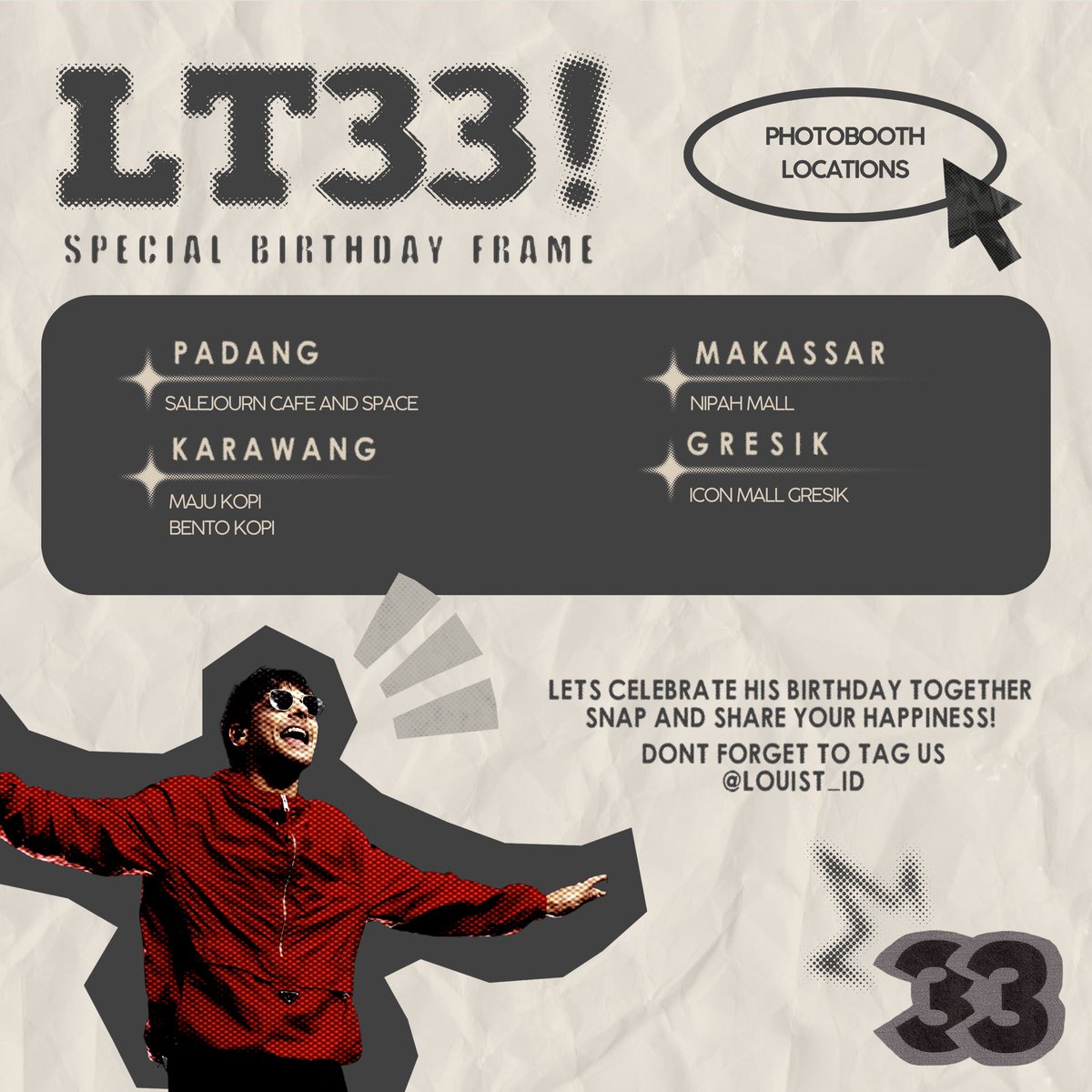 louist_id's tweet photo. Join us to celebrate Louis’s 33rd birthday at @photomaticsid and @palette._.id for a special photo frame! 📸🎞️
Available 27 cities nationwide 🇮🇩
Capture your best photo, whether solo or with your fellow Louies, and share it on social media with #Louis33.
See you there! 🎈🎂 https://t.co/gnpxaRdWqY
