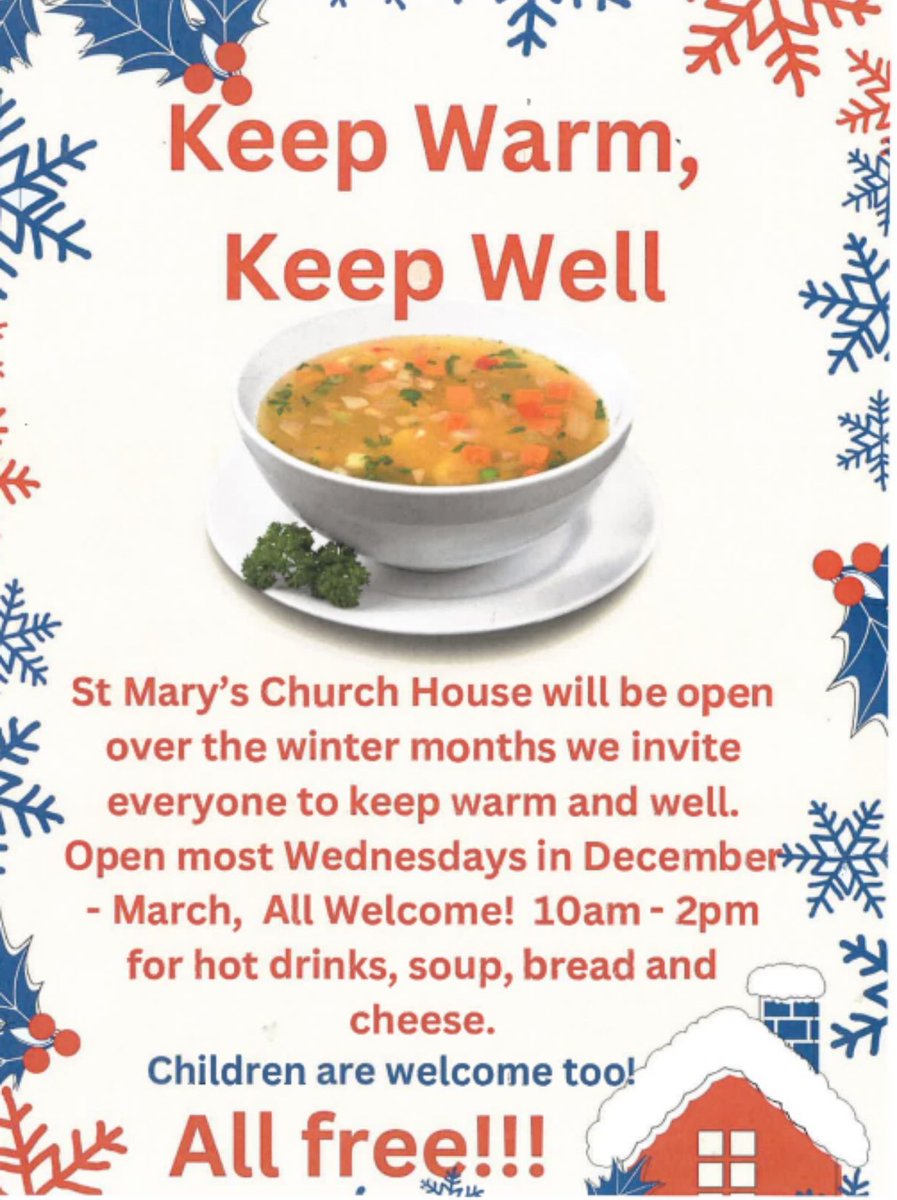 Keep Warm, Keep Well 🧡

St Mary's Church House #Tenby will be open over the winter months we invite everyone to keep warm and well. Open most Wednesdays in December 2024 - March 2025

All Welcome!

10am - 2pm for hot drinks, soup, bread and cheese. Children are welcome too!