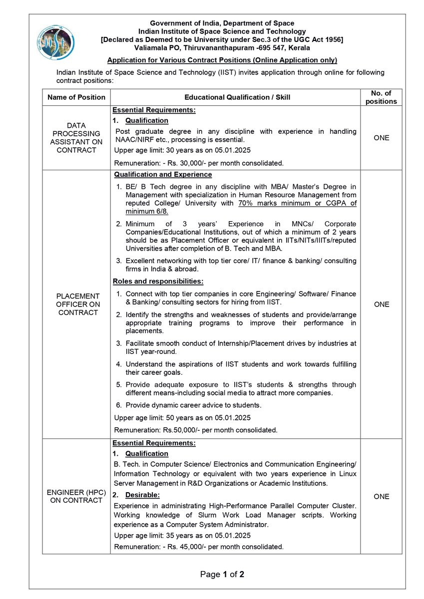 IIST_Trivandrum's tweet image. Contract Positions in IIST
Data Processing Assistant
Placement Officer
Engineer (HPC)
Please visit : iist.ac.in/career2 &amp;amp; iist.ac.in/career3
#iist #DataProcessingAssistant #placementofficer #engineer #contractjobs