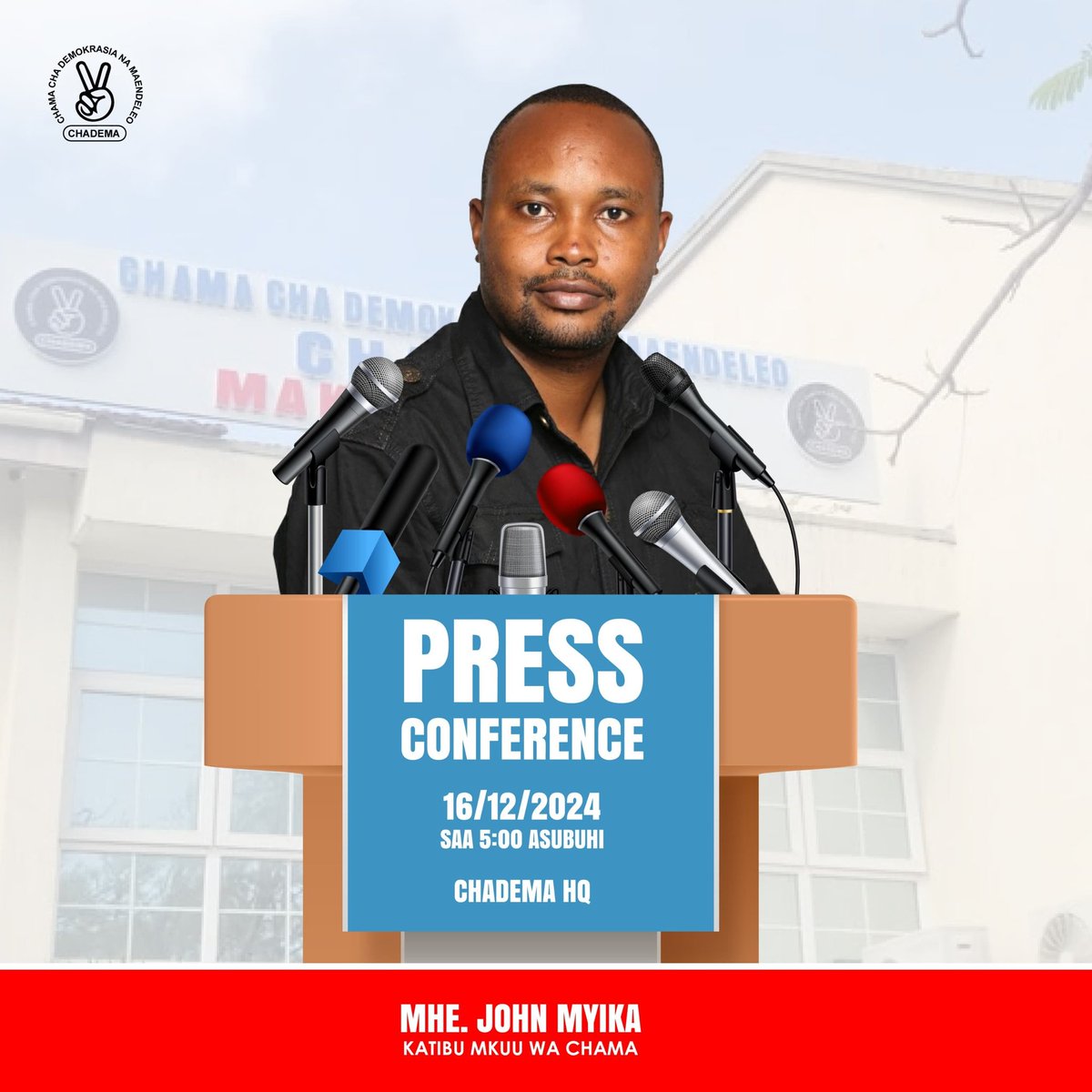 CHASO IRINGA (@chasoiringa) on Twitter photo Kesho tarehe 16 Desemba 2024 Katibu Mkuu wa Chama Mhe. <a href="/jjmnyika/">MNYIKA John John</a> atazungumza na watanzania kupitia mkutano na Waandishi wa Habari utakaofanyika saa tano asubuhi Makao Makuu ya Chama Mikocheni Dar Es Salaam.
Waandishi wote wa habari mnakaribishwa. Kesho tarehe 16 Desemba 2024 Katibu Mkuu wa Chama Mhe. <a href="/jjmnyika/">MNYIKA John John</a> atazungumza na watanzania kupitia mkutano na Waandishi wa Habari utakaofanyika saa tano asubuhi Makao Makuu ya Chama Mikocheni Dar Es Salaam.
Waandishi wote wa habari mnakaribishwa.