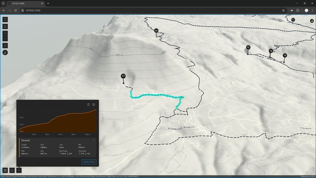 StaridasGeo's tweet image. Here I leverage the #3D capabilities of the scene view in #ArcGIS #SDK for #JavaScript to create a dynamic #Elevation profile widget that adapts to each selected trail. Trail metrics calculated on-the-fly. Commissioned project, work in progress; coming online soon!