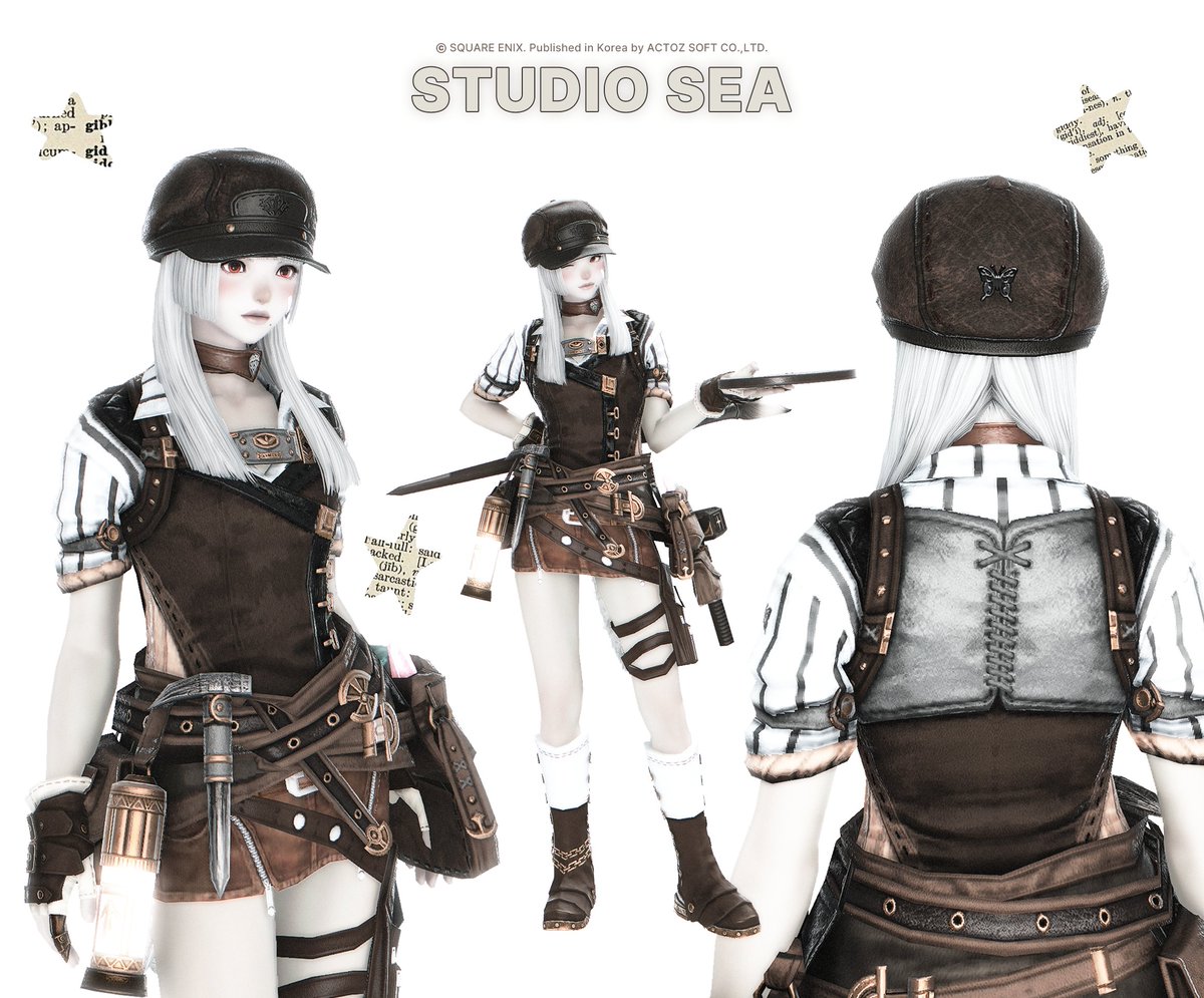✶STUDIO SEA✶
픽토맨서 LOOK ➌
✢ 모조 가죽학자 모자 [숯검정색ㆍ숯검정색]
✢ 모조 광산학자 작업셔츠 [순백색ㆍ두더지색]
✢ 남작 손목덮개 [비옥토색ㆍ하얀 눈색]
✢ 성부군 치마 [비옥토색]
✢ 남작 긴장화 [비옥토색ㆍ순백색]
#파판룩템 #ミラプリ #GPOSERS