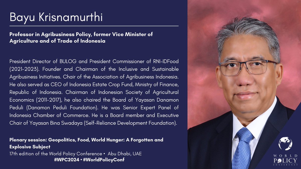 🗣️Let's now listen to Bayu Krisnamurthi <a href="/bayukr/">Bayu Krisnamurthi</a>, Professor at the Bogor Agricultural University and former Vice Minister of Agriculture of Indonesia <a href="/kementan/">Kementerian Pertanian RI</a>.

Watch the session on our Youtube channel ➡️🎥 bit.ly/3OPd3mX
 
<a href="/IFRI_/">Institut français des relations internationales</a> #WPC2024 #Geopolitics #Food #Agriculture