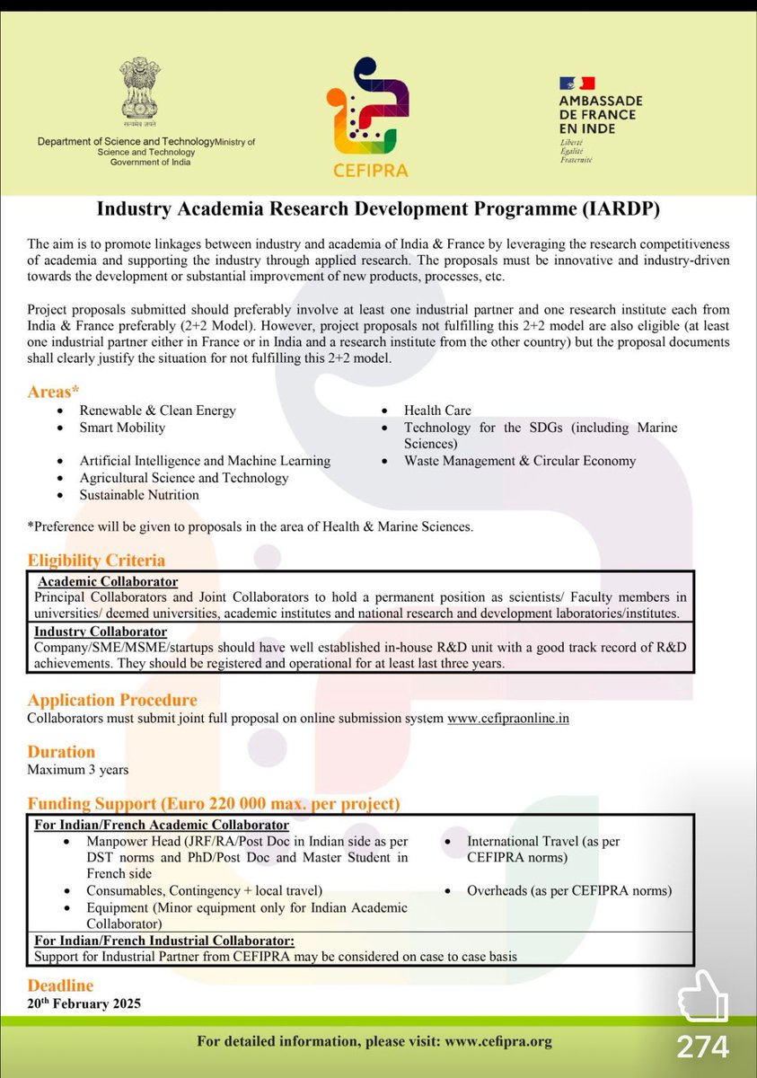 skvdst's tweet photo. Inviting Indo-French Industry-Academia projects in 2+2 mode in Renewable Energy, 
Smart Mobility,
AI &amp; Machine Learning,
Agriculture Science &amp; Technology,
Sustainable Nutrition,
Health care,
Technologies for SDG, and
Waste Management &amp; Circular Economy 
Apply by 20th Feb 2025 https://t.co/Gpb0e1D8Xe