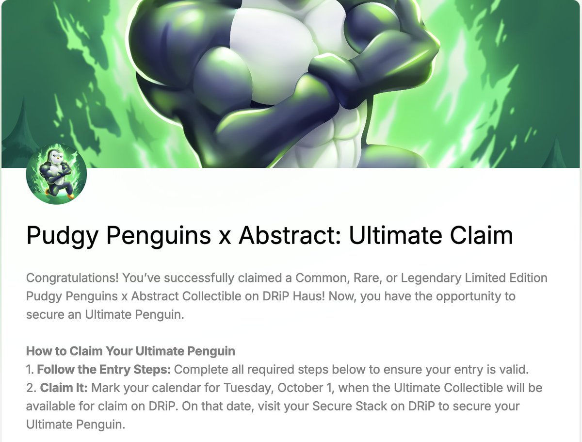 diegoarmandoAD's tweet photo. If you claimed your sponsored collectible of @pudgypenguins  🐧and @AbstractChain ✳️ on @drip_haus and you filled this form,  you are the owner of a Legendary Penguin´s Day Out. Currently FP is 4 $SOL (fomo on $PENGU airdrop)
https://t.co/KjazBWgaIy
Keep fadding @drip_haus