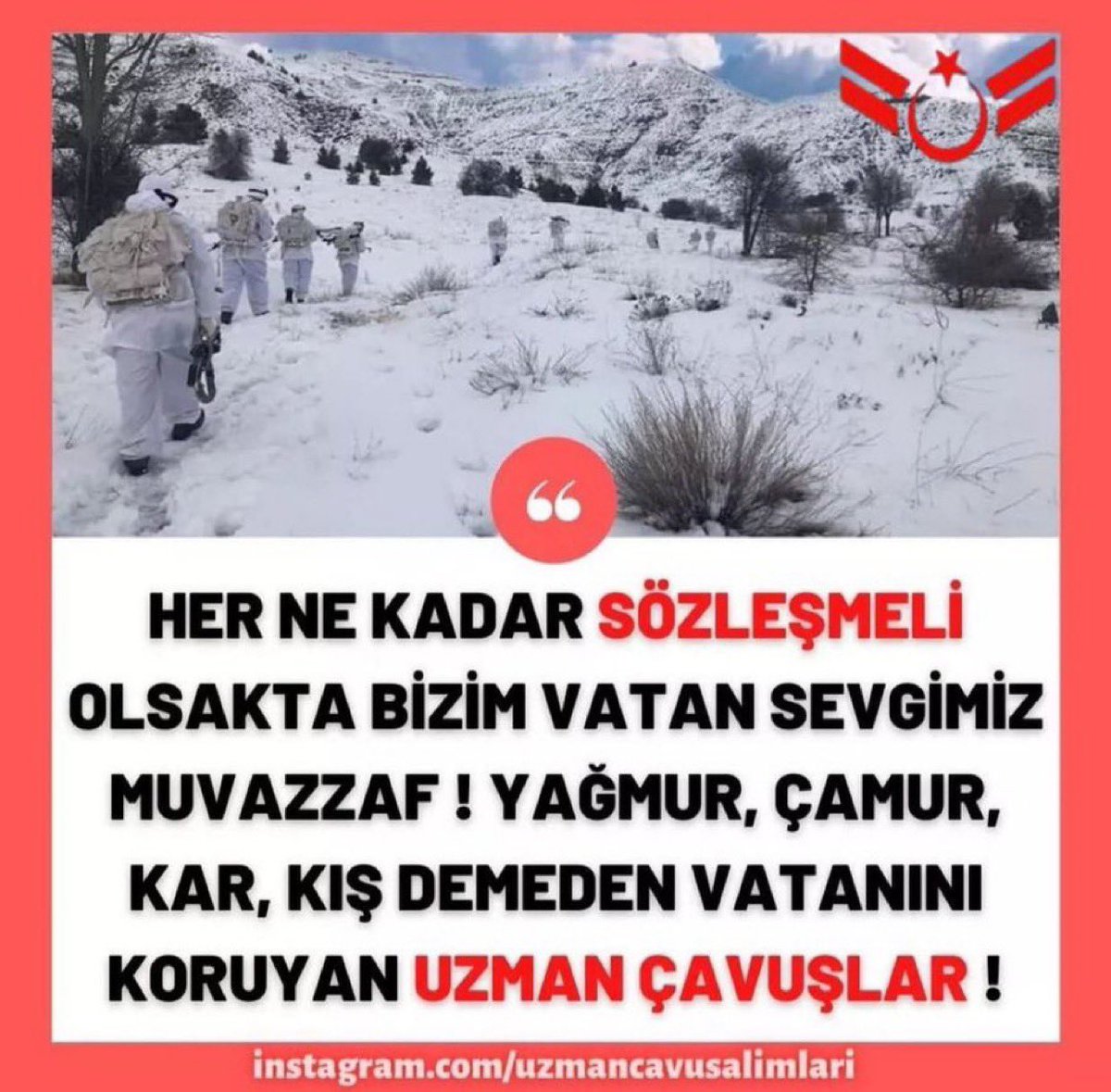 Bizler vicdanımızı merhametimizi Milletimizden aldık
Onların duasıyla kahramanca görev yapıyoruz
Mesleki gelecekten endişe duymak istemiyoruz
Kahraman Uzman Çavuşlara Kadro elzemdir
Kahramanların mesleki endişeyi giderin

Türk Milleti'nin vicdanında da derin yara açan,Kahraman