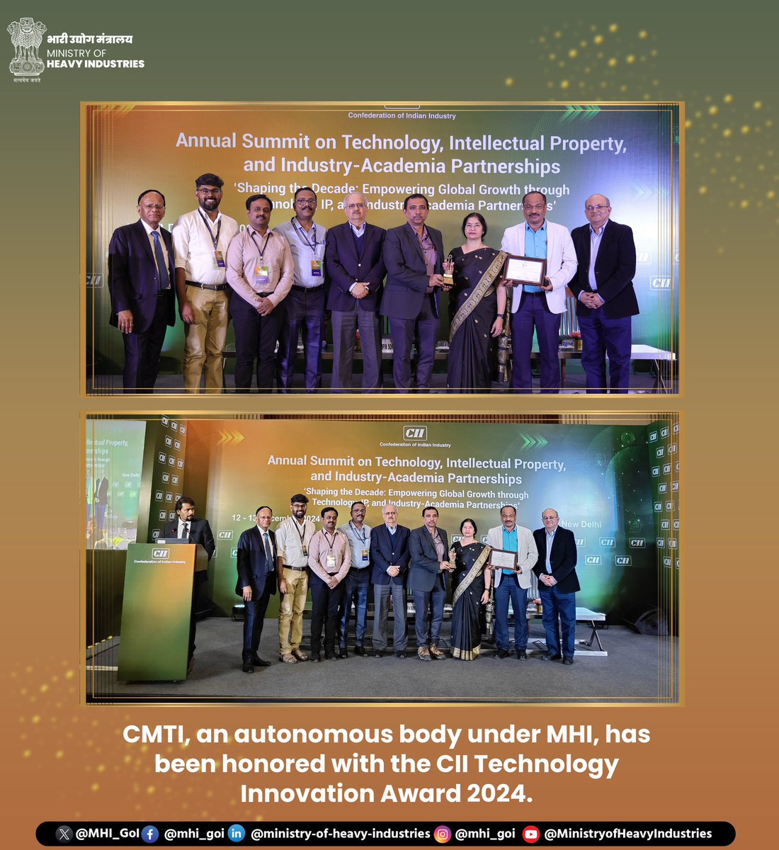 CMTI, an autonomous body under MHI, received the CII Technology Innovation Award 2024 in the 'Top Five Innovative Research and Academic Institutions' category.

#MHI #CMTI #CII