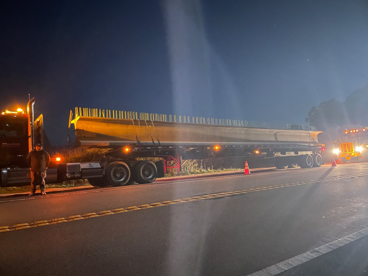 CaltransD5's tweet photo. Trucks carrying nine concrete girders between 45 and 65 ft. in length continue with their journey along Highway 1 to Rocky Creek, 12 miles south of Carmel, where a full closure of the roadway is in effect until 10 PM, Sunday, December 15. https://t.co/NPK5x2sRyp